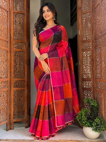 Multicolor Check Design Mul Cotton Saree
