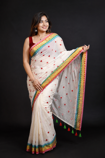 White Mul Cotton Saree with Embroidery
