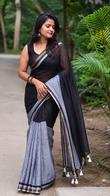 Black & Grey Pure Cotton Saree