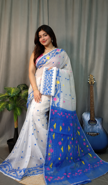 Soft Dhakai Jamdani Saree White & Royal Blue