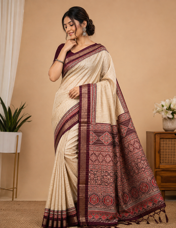 Premium Ajrak Banarasi Modal Silk Saree