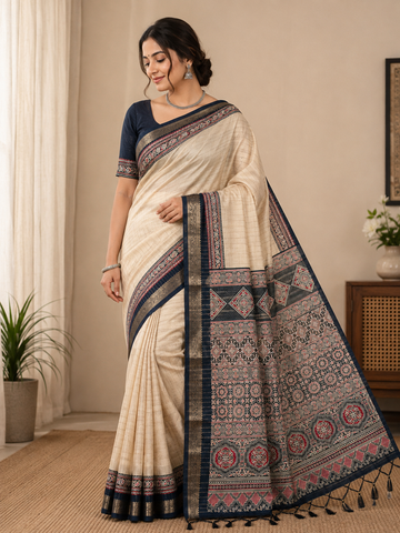 Premium Semi Modal Silk Ajrak Saree