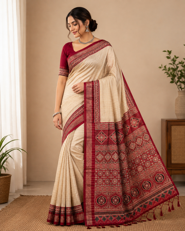 Semi Modal Silk Ajrak Print Banarasi Border Saree
