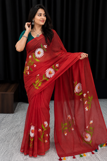 Red Floral Hand Print Mull Cotton Saree
