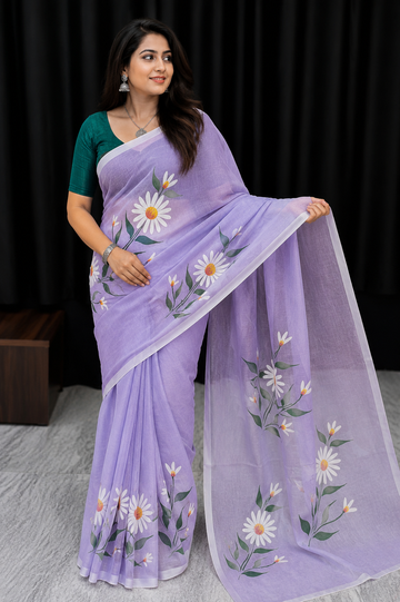 Lavender Floral Hand Print Mull Cotton Saree