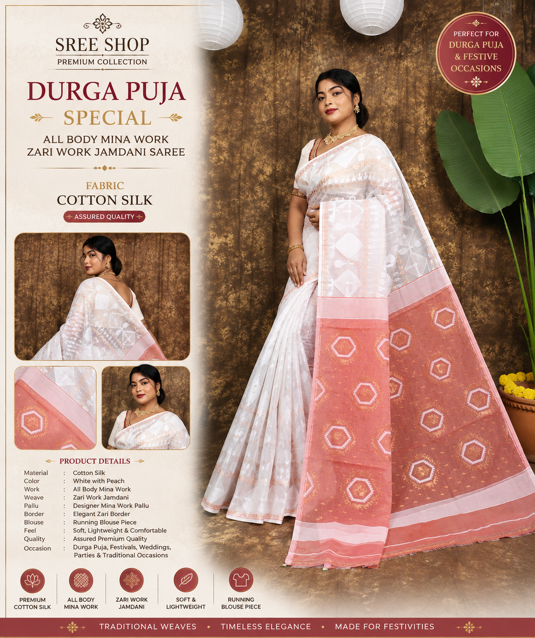 Puja Special White Peach Mina Zari Work Jamdani Saree