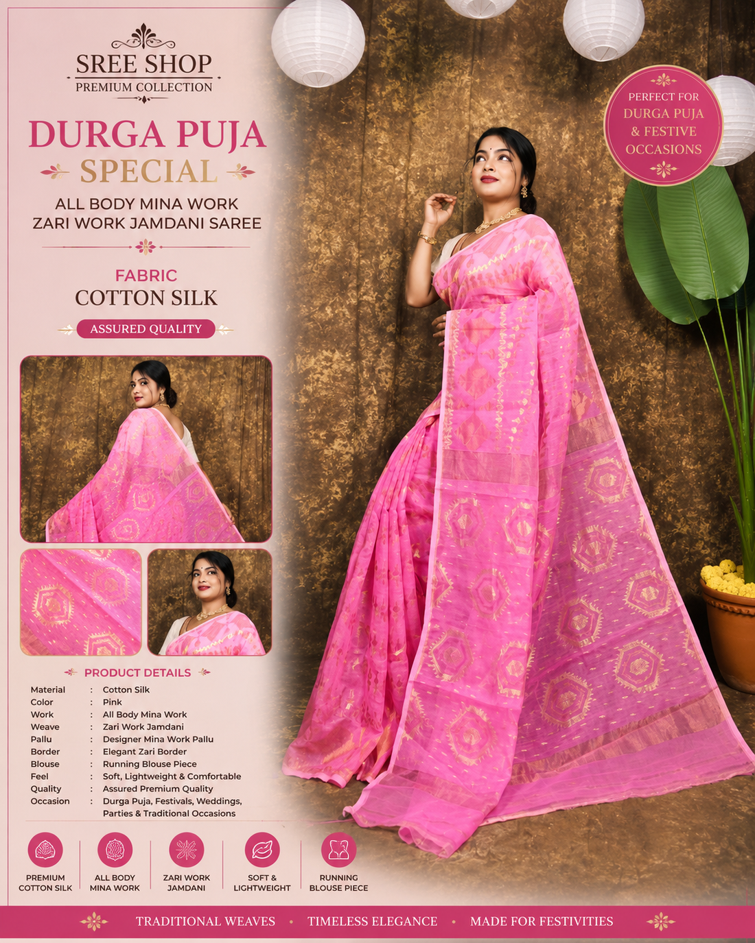 Pink Mina Zari Work Jamdani Saree