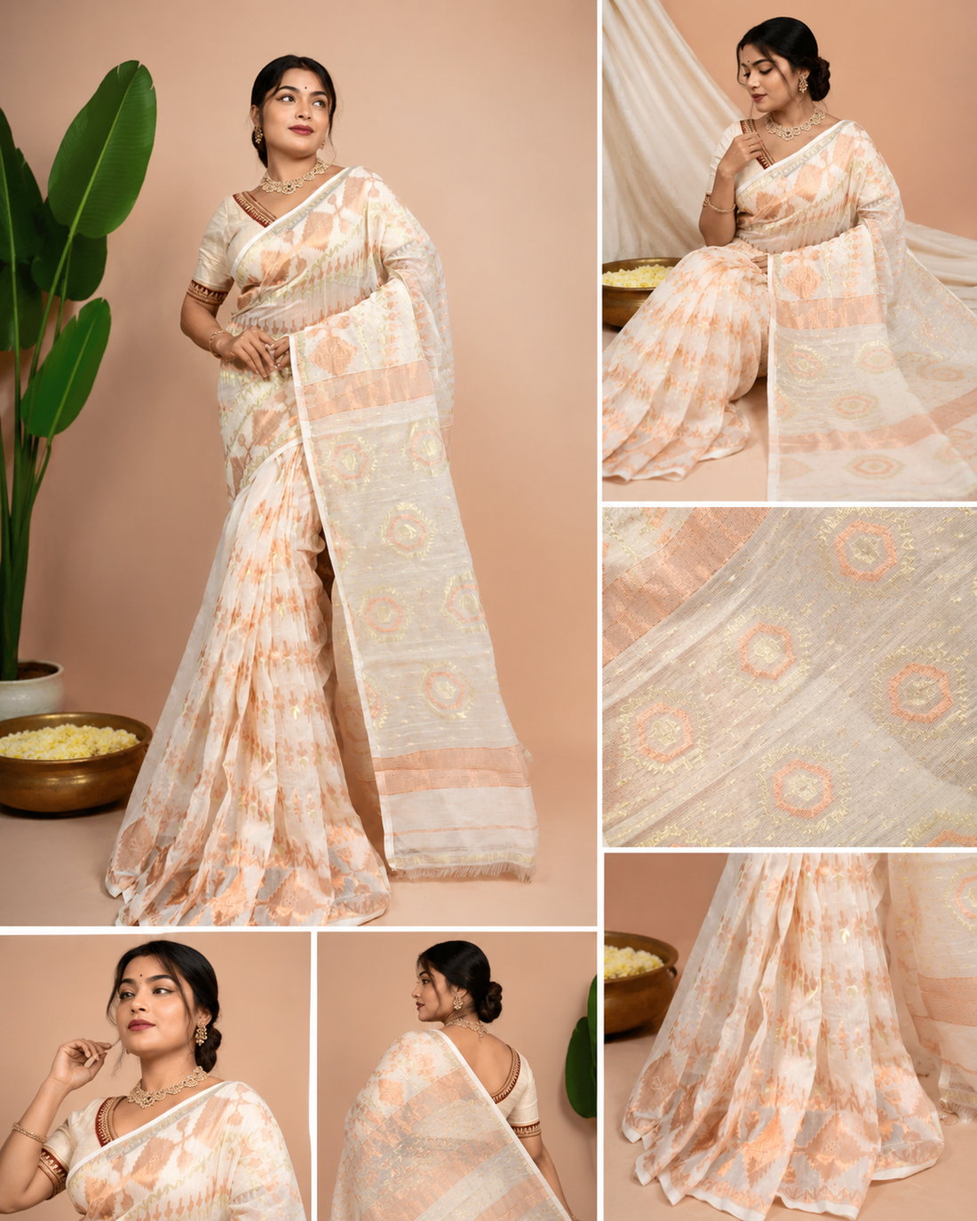 Off White Cotton Silk Mina Zari Jamdani Saree