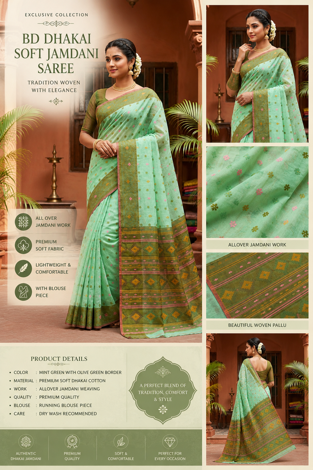 Mint Green BD Dhakai Soft Jamdani Saree