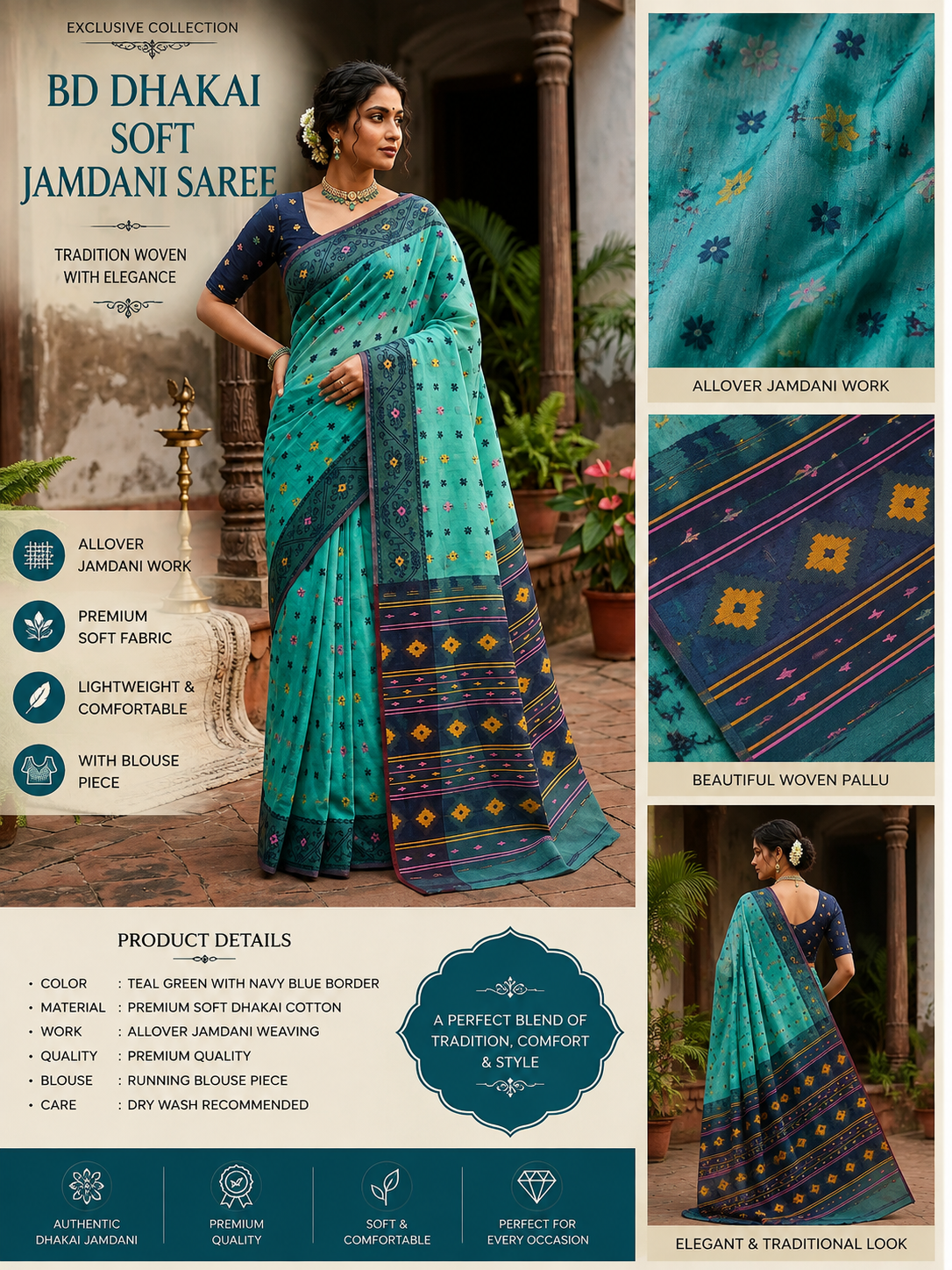 Aqua Blue BD Dhakai Soft Jamdani Saree