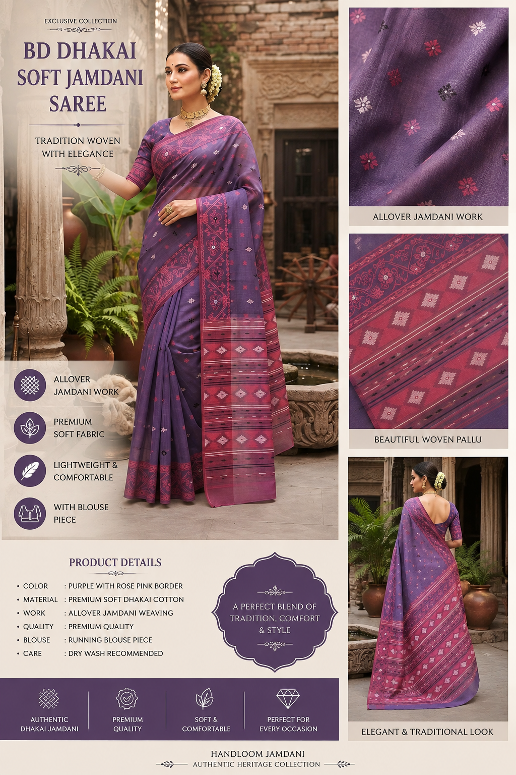 Purple Rose BD Dhakai Soft Jamdani Saree