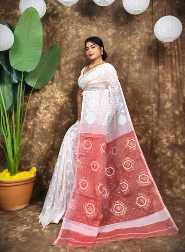 Puja Special White Peach Mina Zari Work Jamdani Saree