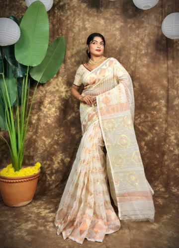 Off White Cotton Silk Mina Zari Jamdani Saree