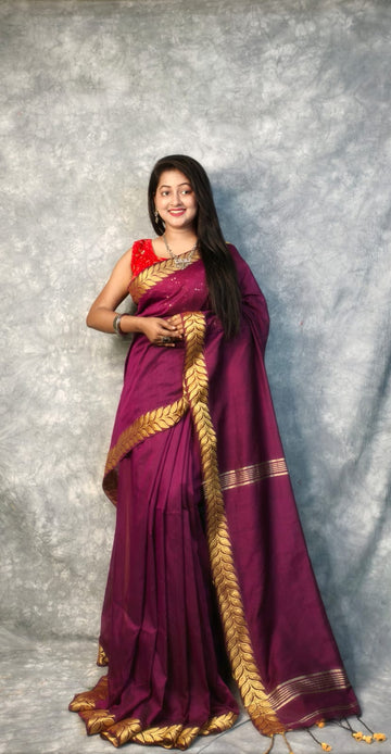 Exclusive Wine Border Pure Cotton Saree