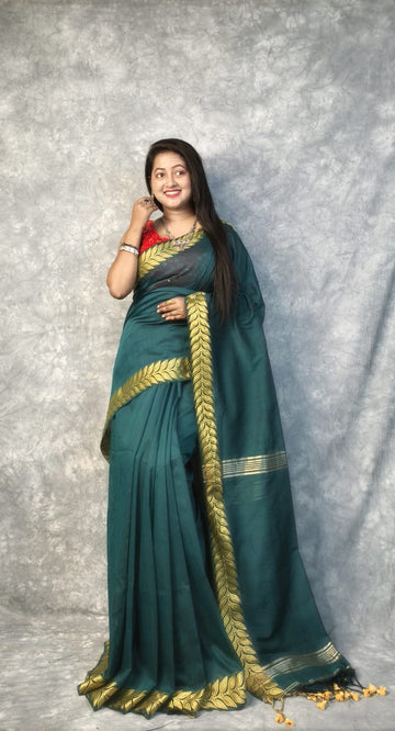 Exclusive Bottle Green Border Pure Cotton Saree