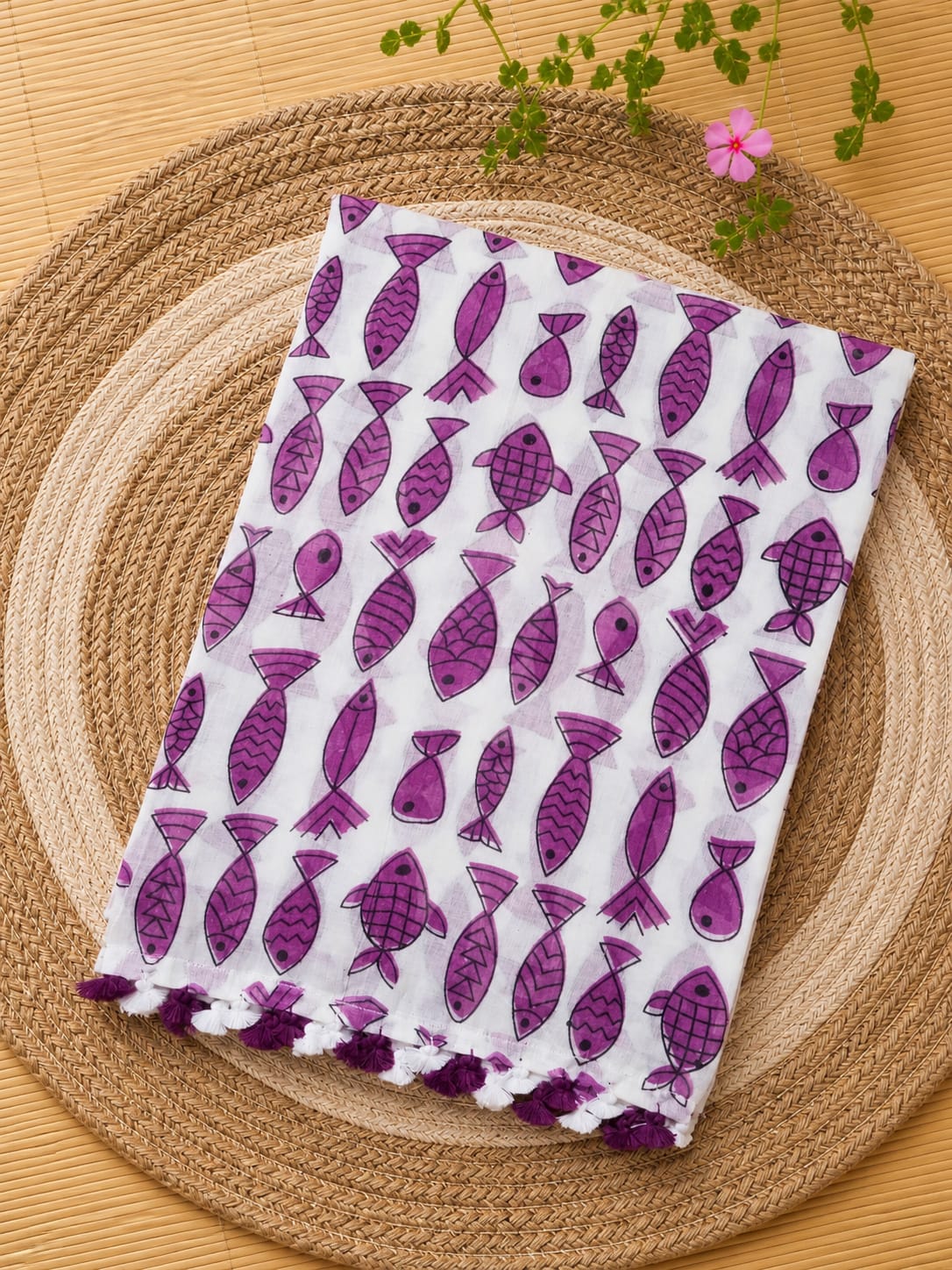 Off White Purple Fish Print Mul Cotton Saree