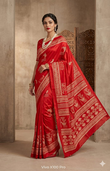 Red Semi Tussar Premium Printed Saree