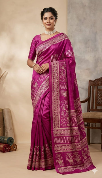 Magenta Semi Tussar Premium Printed Saree