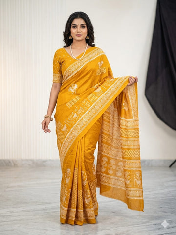 Mustard Yellow Semi Tussar Premium Printed Saree