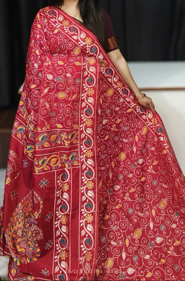 Maroon Blended Bangalore Silk Katha Weaving Saree