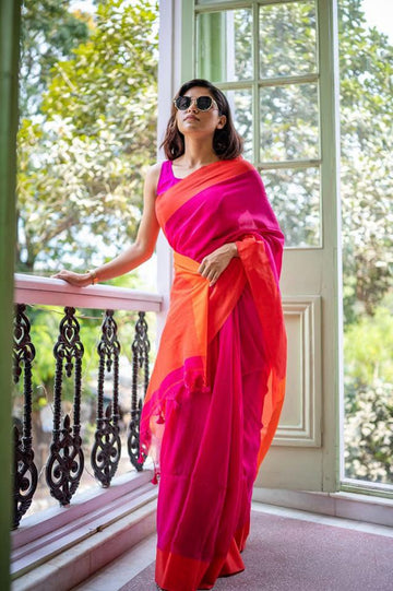 Pink Orange Pure Mul Cotton Saree