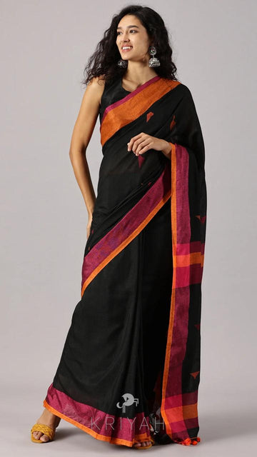 Black Hand Print Mul Cotton Saree
