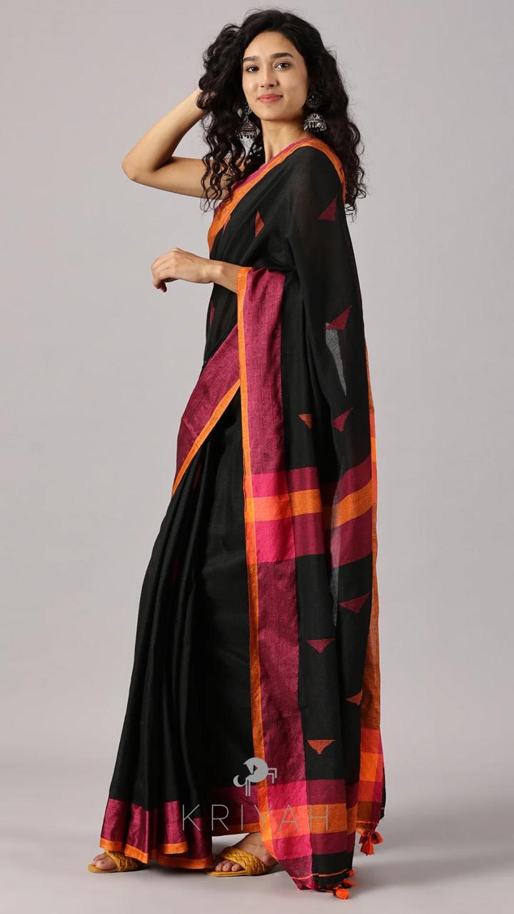 Black Hand Print Mul Cotton Saree