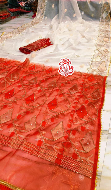 Coral Red Pure Mosline Kardana Jamdani Saree