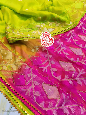 Green and Pink Pure Mosline Kardana Jamdani Saree