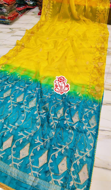 Yellow and Sky Blue Pure Mosline Kardana Jamdani Saree