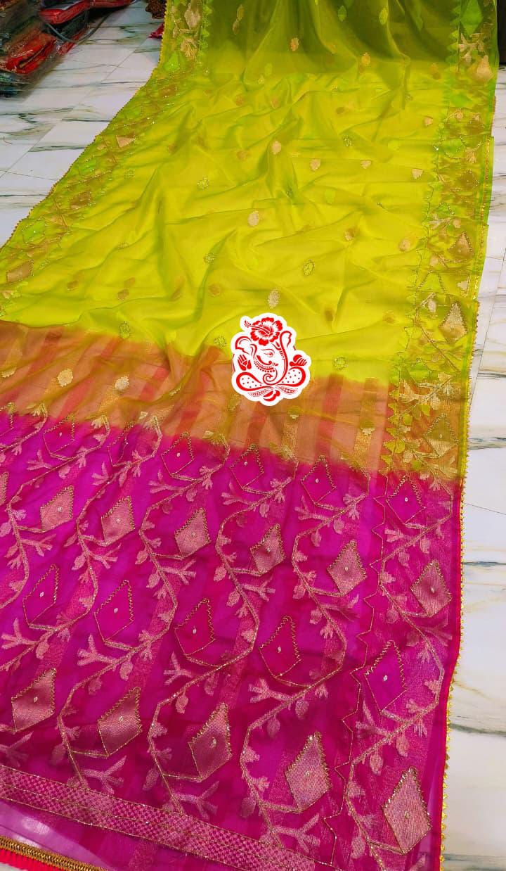 Green and Pink Pure Mosline Kardana Jamdani Saree