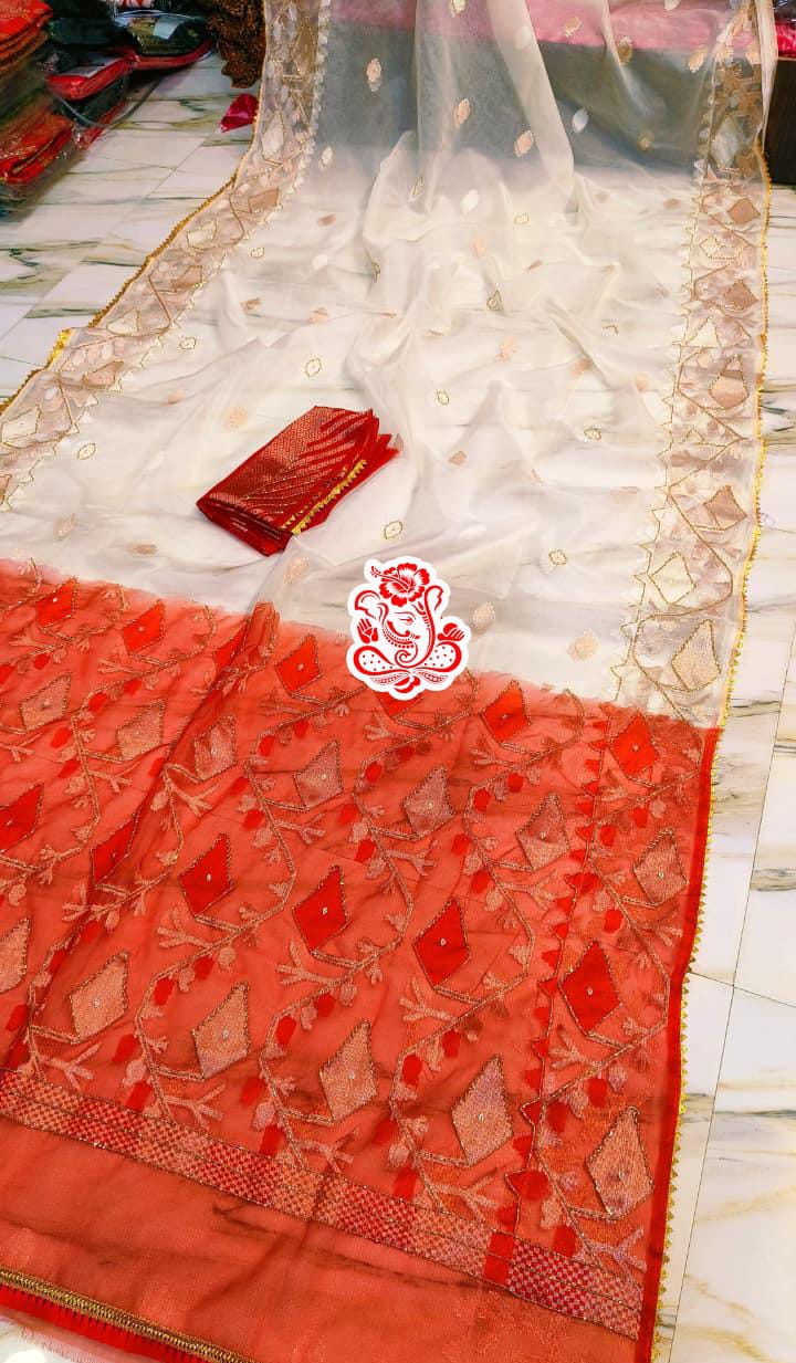 Coral Red Pure Mosline Kardana Jamdani Saree