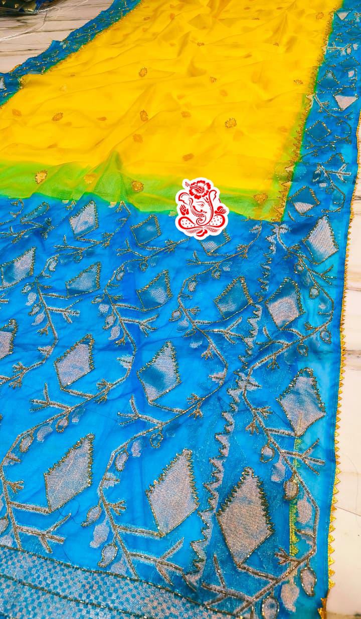 Yellow and Sky Blue Pure Mosline Kardana Jamdani Saree