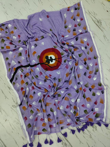 Lavender Hand Print Mul Cotton Saree