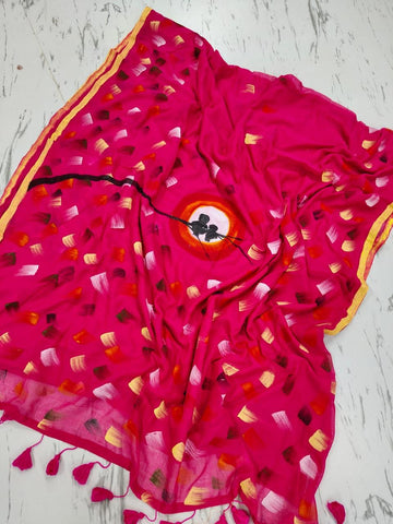 Pink Hand Print Mul Cotton Saree