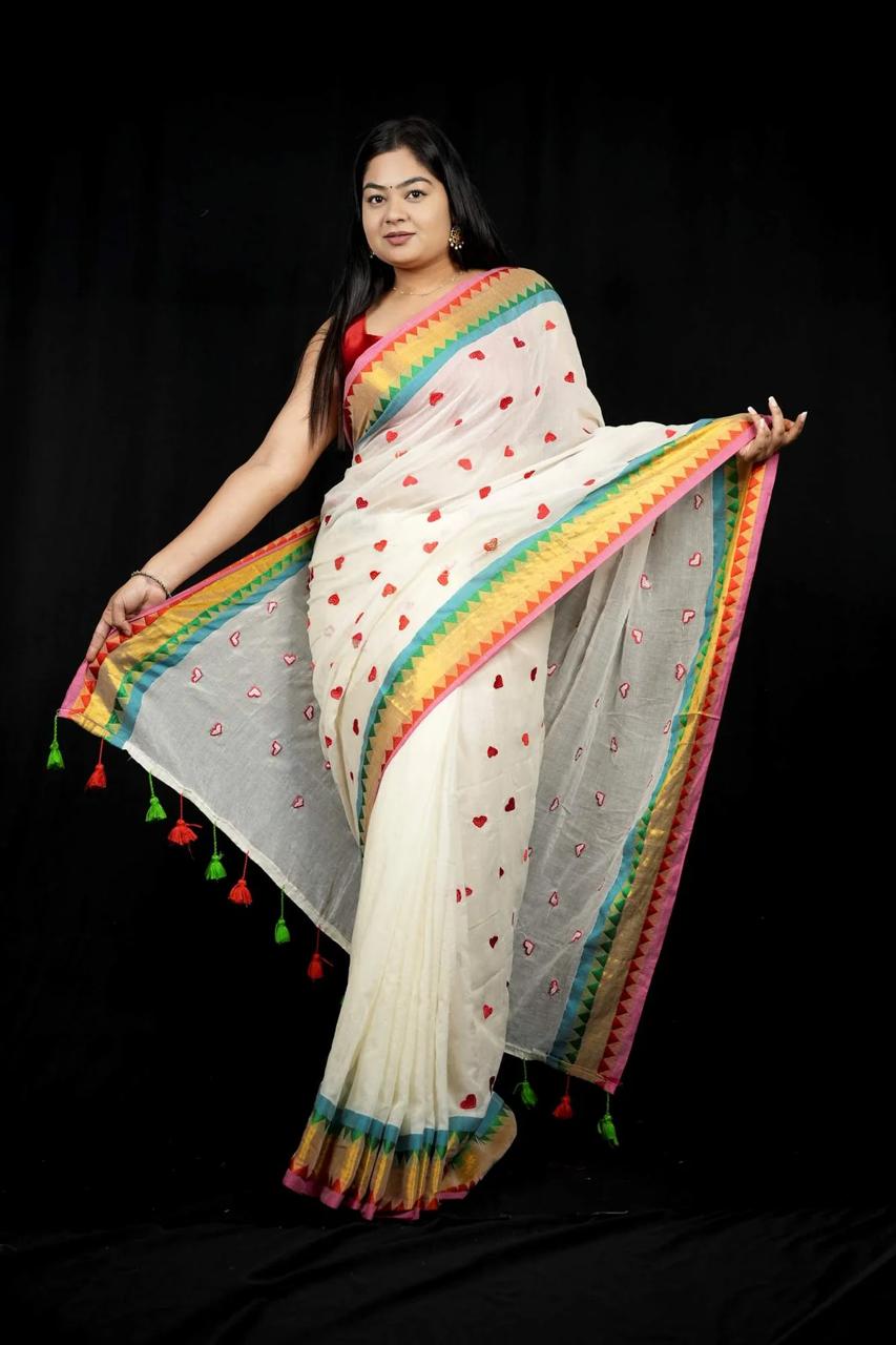 White Mul Cotton Saree with Embroidery