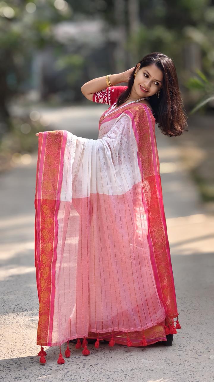 White & Pink Mul Cotton Saree