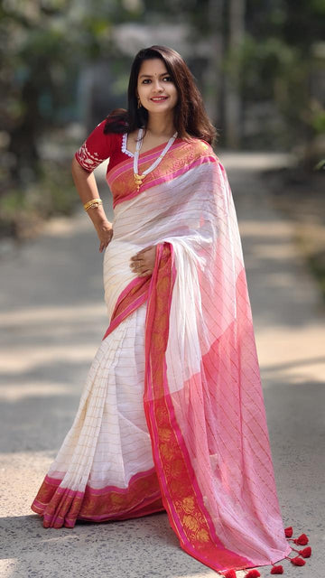 White & Pink Mul Cotton Saree
