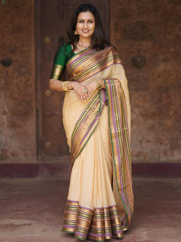 product Cream Mul Cotton Saree