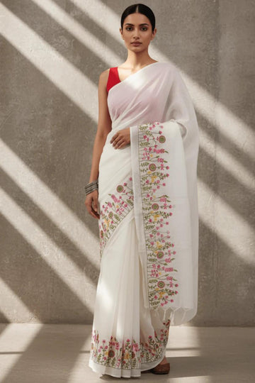 Premium White Mul Cotton Saree Floral Embroidery