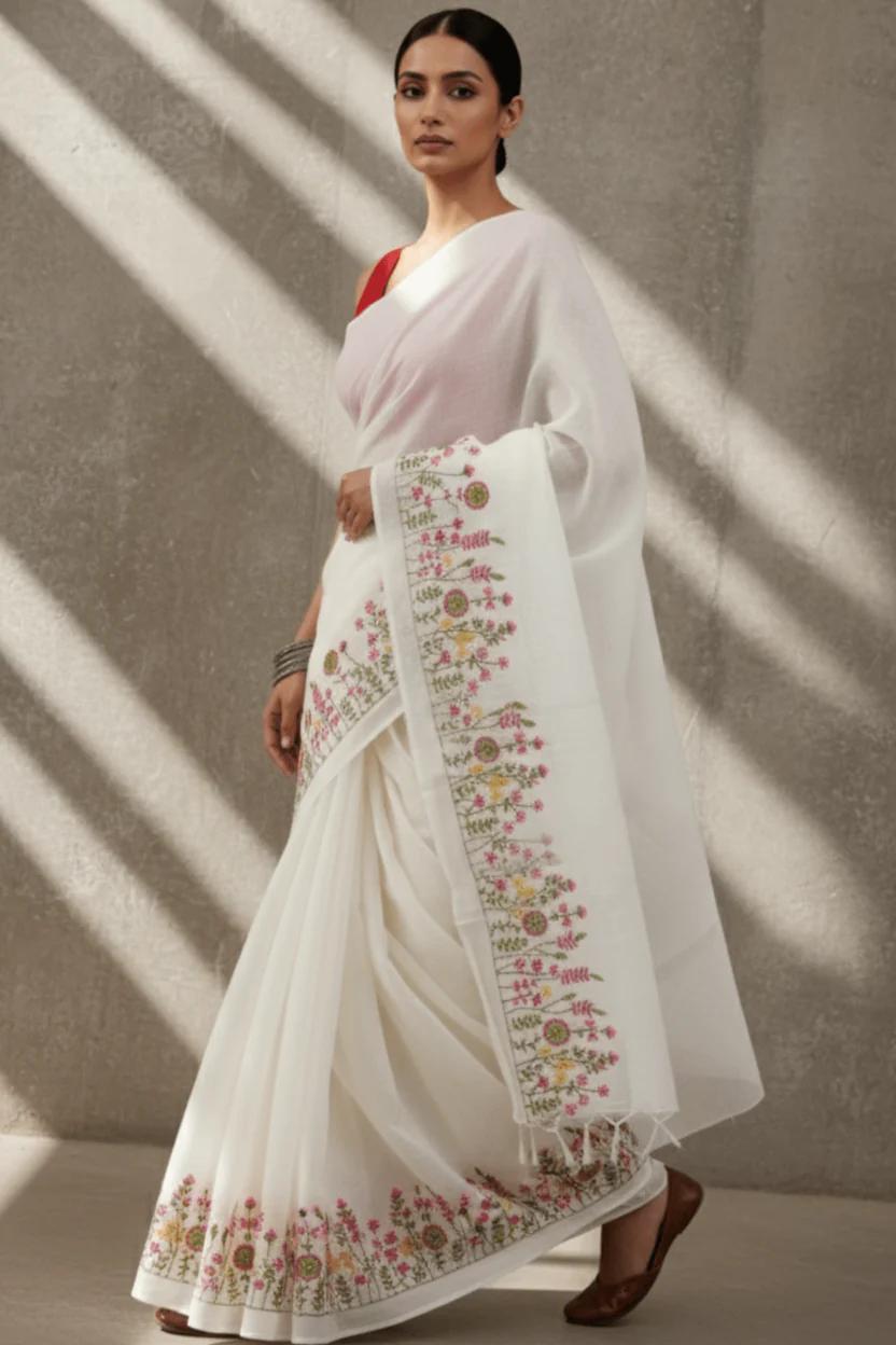 Premium White Mul Cotton Saree Floral Embroidery