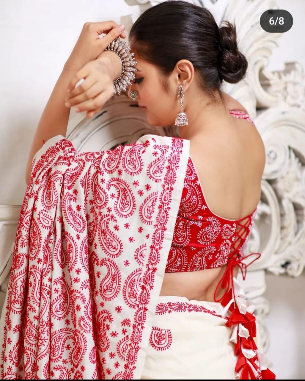 White & Red Embroidery Mul Cotton Saree