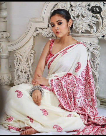 White & Red Embroidery Mul Cotton Saree