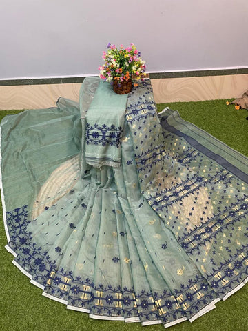 Sea Green & Navy Blue Buti Soft Dhakai Jamdani Saree