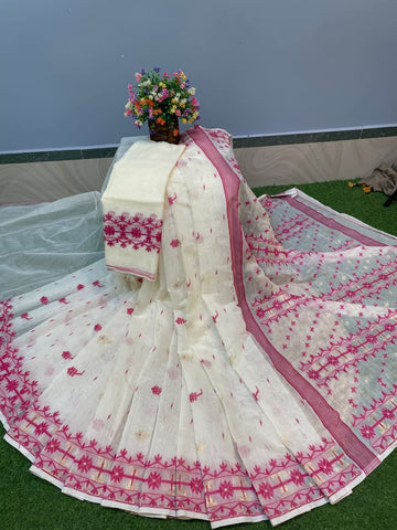 White & Magenta Buti Soft Dhakai Jamdani Saree