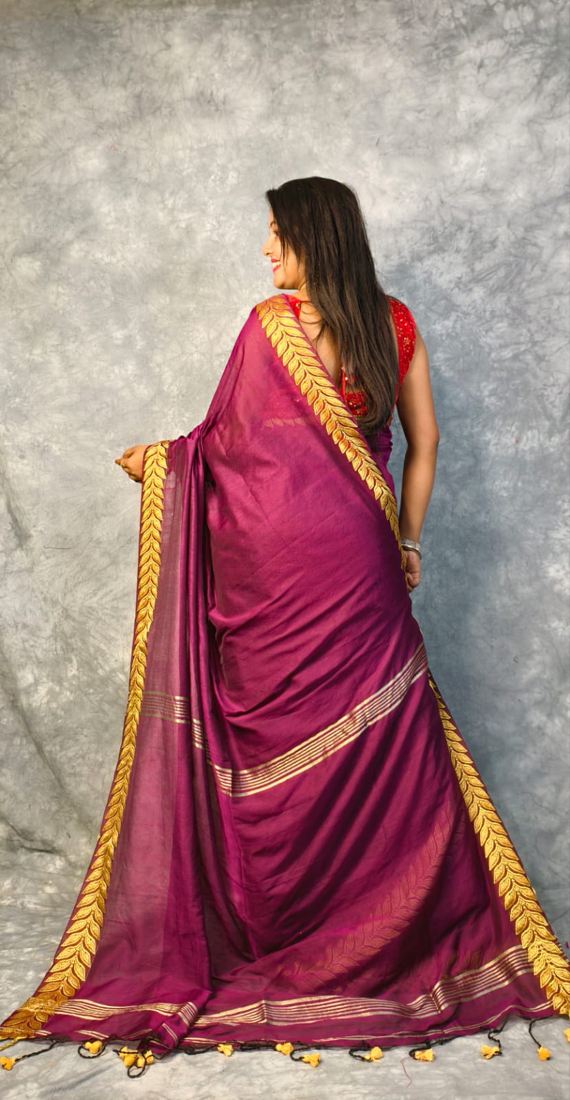 Exclusive Wine Border Pure Cotton Saree