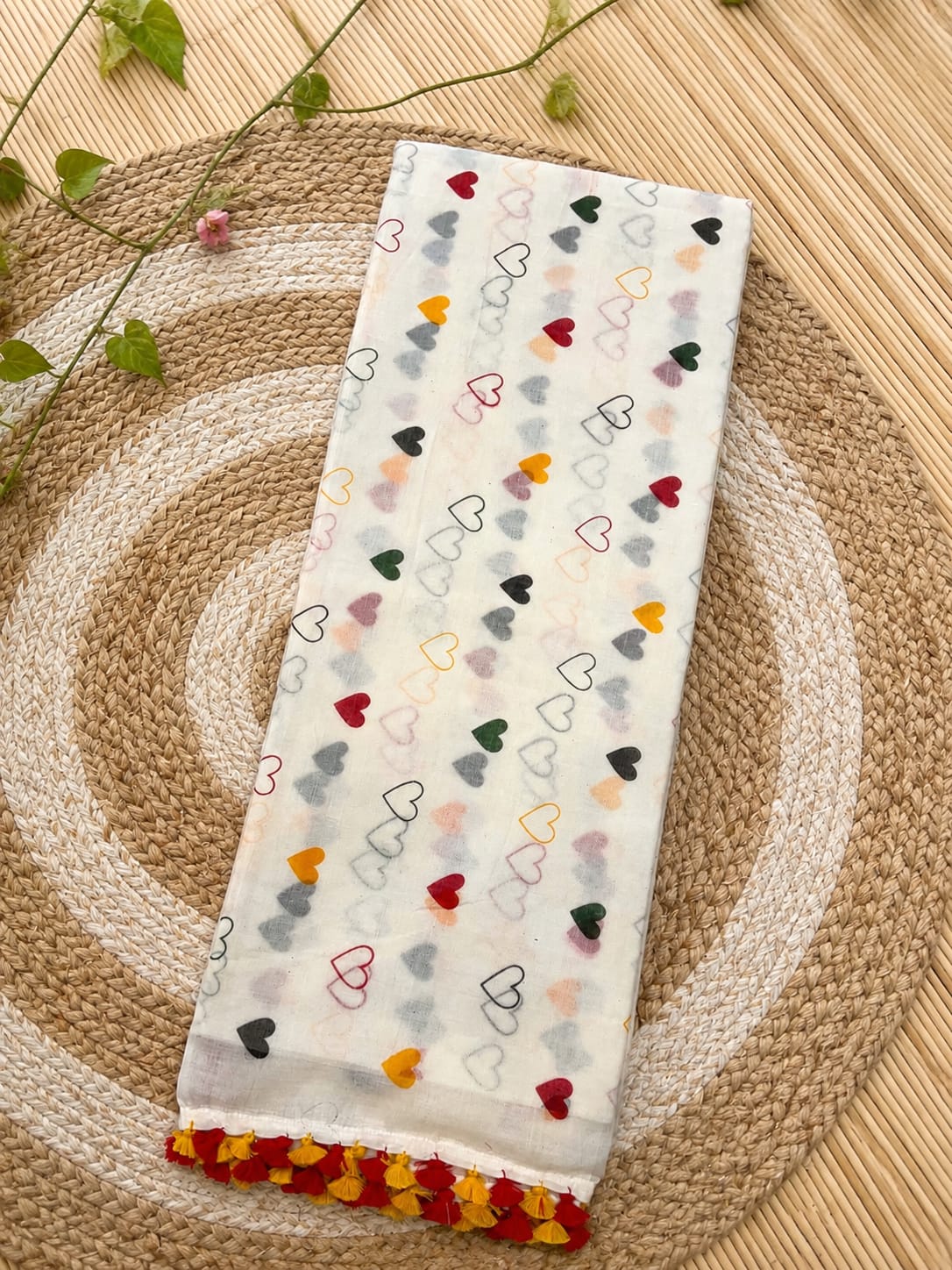 Exclusive Pure Mul Cotton Block Print Saree with Pompom
