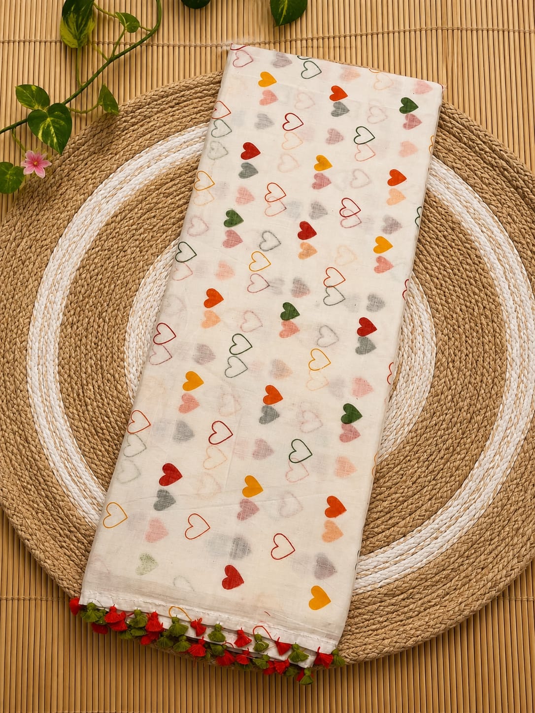 White Love Block Print Mul Cotton Saree