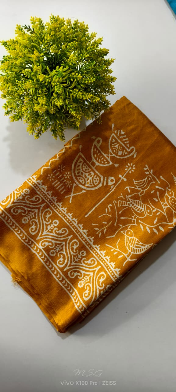 Mustard Yellow Semi Tussar Premium Printed Saree