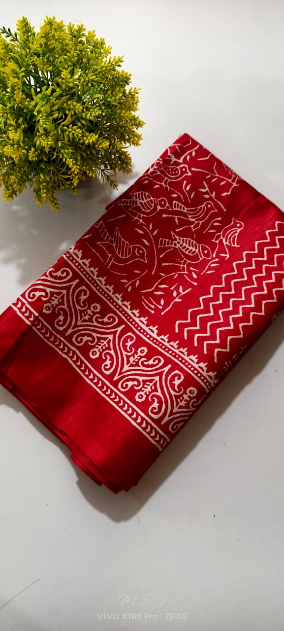 Red Semi Tussar Premium Printed Saree